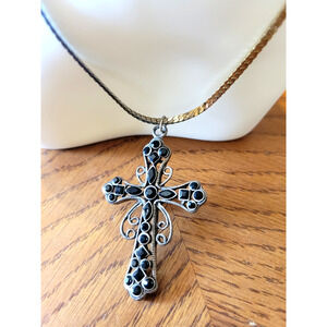 Vtg B. David Black Gemstone Crucifix Cross Sterling Fashion Jewelry Necklace